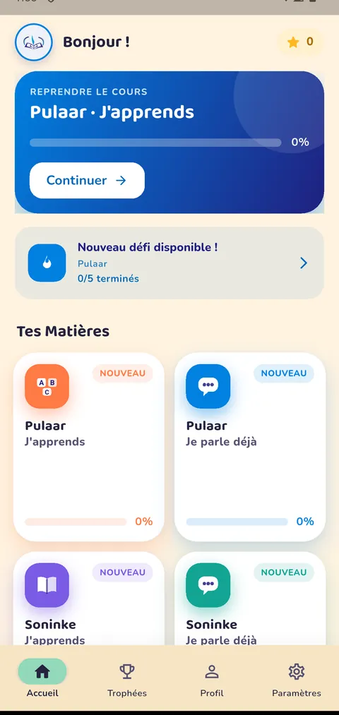Application IPELAN : accueil avec les matières en langues nationales